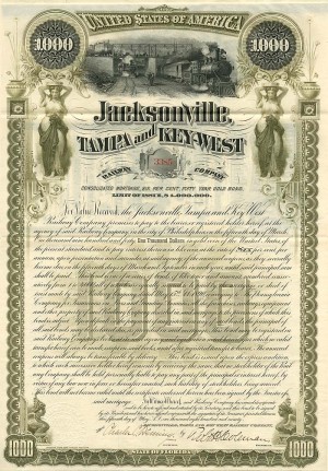 Jacksonville, Tampa and Key-West Railway - $1,000 Denominated Bond (Uncanceled)